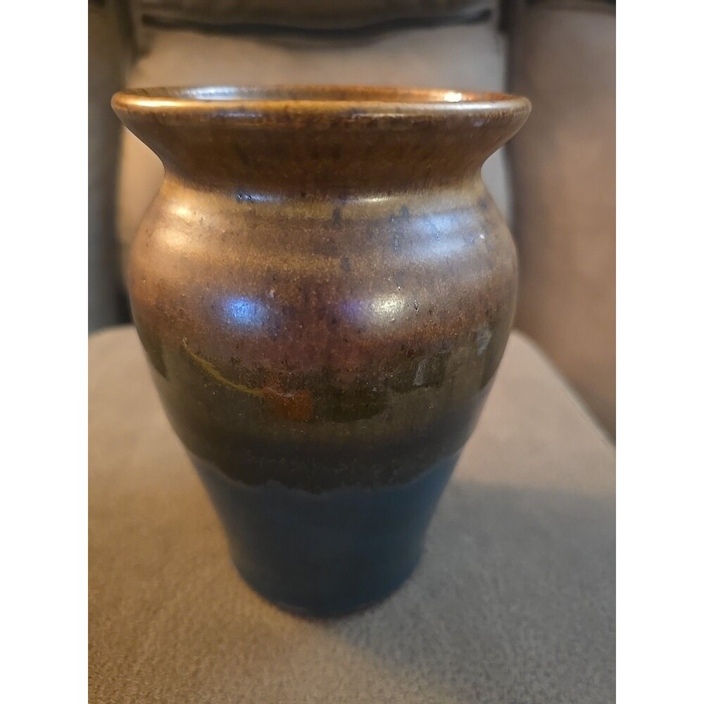 Artist Signed Studio Pottery Vase 6", Gold, Green Brown,  Signed